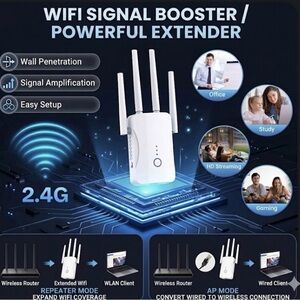WiFi Booster 2.4GHz 300Mbps, 9999 sq ft, Ethernet, AP Mode, 60+ Devices (White).
